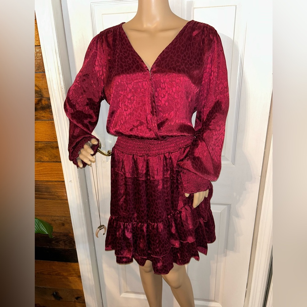 Michael Kors Dark Ruby Red Leopard Print Embossed Ruffle Dress, NWT!!